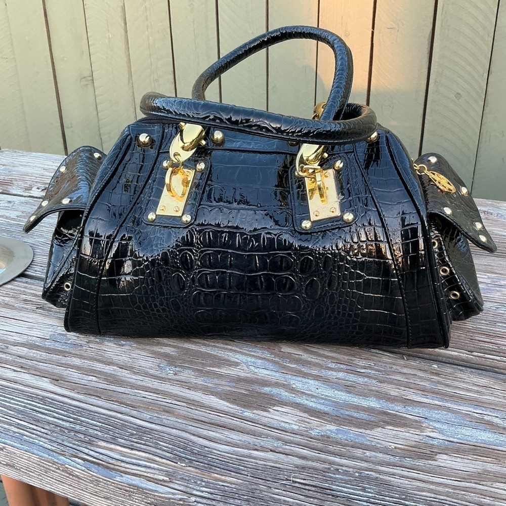 Vintage Calla 90’s Snake Pattern Patent Studded Faux Purse Black Satchel Hand Bg - Picture 6 of 15